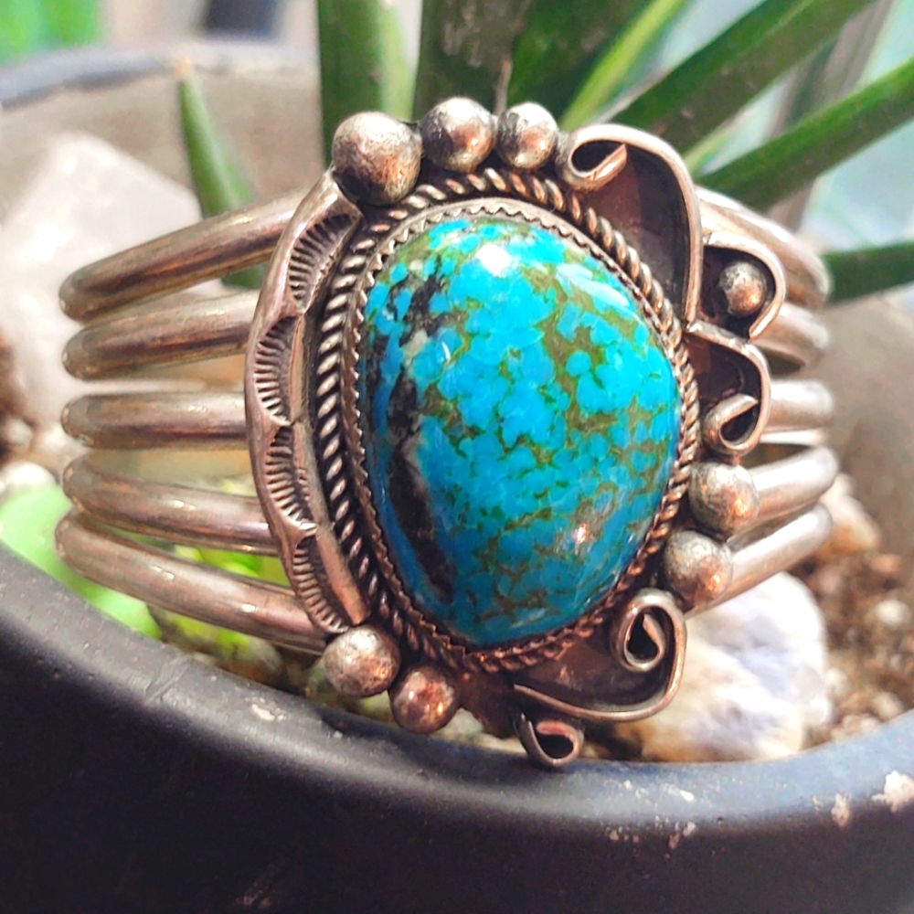 Vintage Heavy Sterling Silver Turquoise Navajo Cuff Bracelet by Leander …